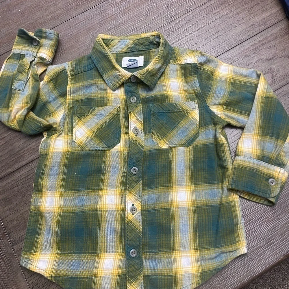 Old Navy 3T boys button up plaid yellow/green long sleeve shirt